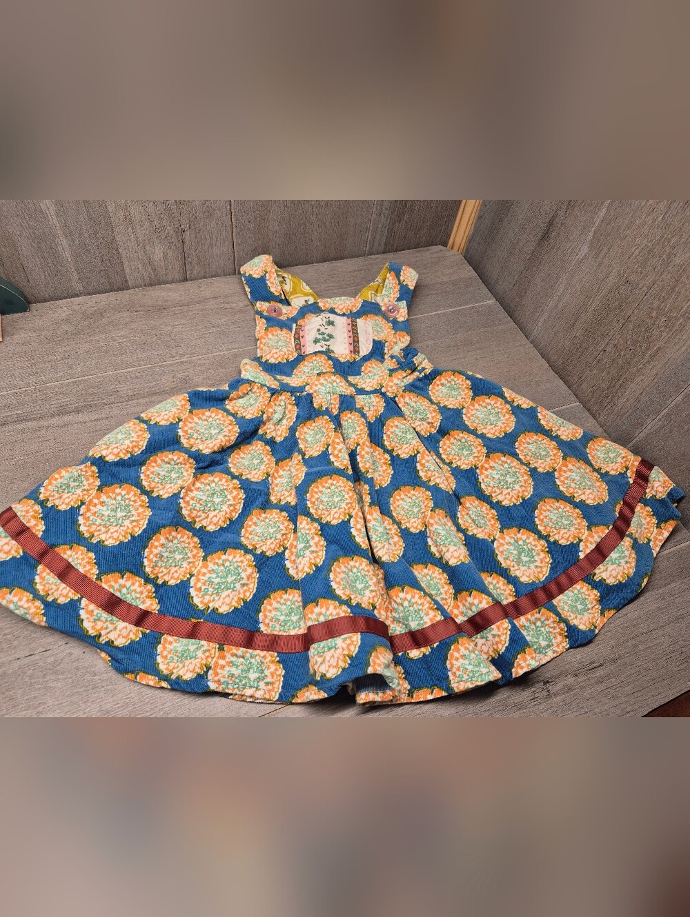 Wildflowers Pinafore Corduroy Dress (Girls Size 2) Blue, Orange, Flowers
